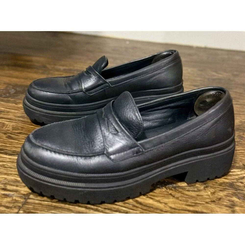 Patina Black Leather Penny Loafers Womens 7.5/EU37.5 Chunky Lug Sole Style 13451